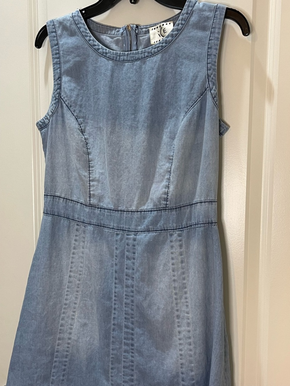 Ice Light Blue Sleeveless Chambray A-Line Mini Dress 100% Cotton Size 10 - Picture 2 of 7